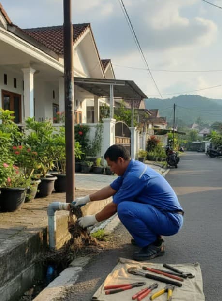 Teknisi jasa saluran mampet di Bandung sedang memperbaiki saluran
